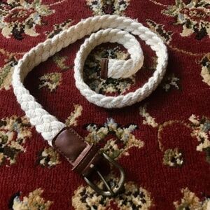 brown leather & cream woven rope belt